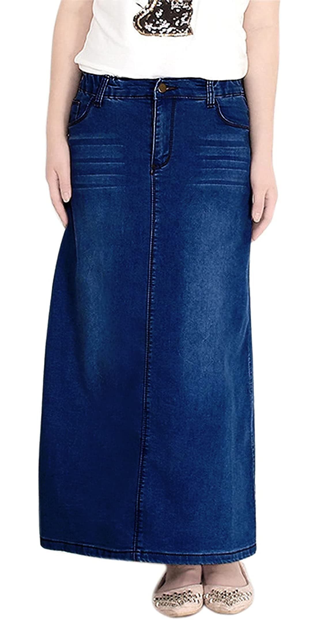 chouyatou Women's Casual Stretch Waist Washed Denim A-line Maxi Skirt (Large, Deep Blue)