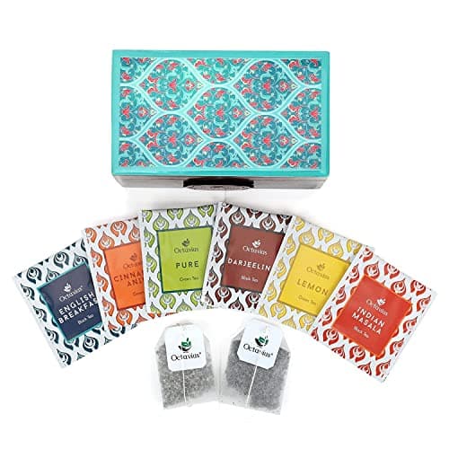 Octavius Ornate Floral Wooden Tea Gift Box – 30 Individually Wrapped Tea Bags | 6 Flavours Assortment (English Breakfast, Pure Green, Darjeeling, Lemon, Indian Masala, Cinnamon) | Black & Green Tea Gift Set for Festive & Corporate Gifting