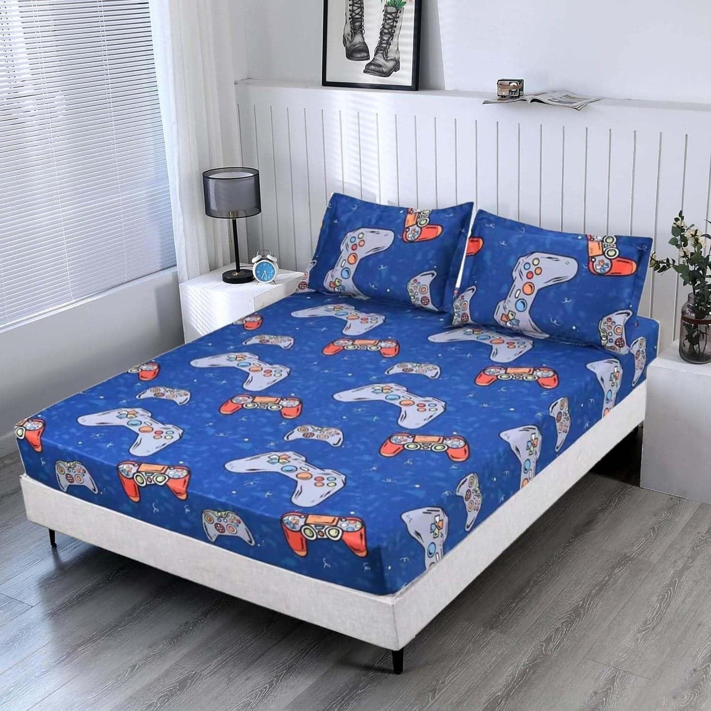 SDIII 3PCS Blue Gamer Twin Fitted Sheet Set Bed in a Bag Gaming Bedding Fitted Sheet Twin Soft Microfiber Cute Bed Sheets for Kids Boys and Girls 1 Fitted Sheet and 2 Pillowcases