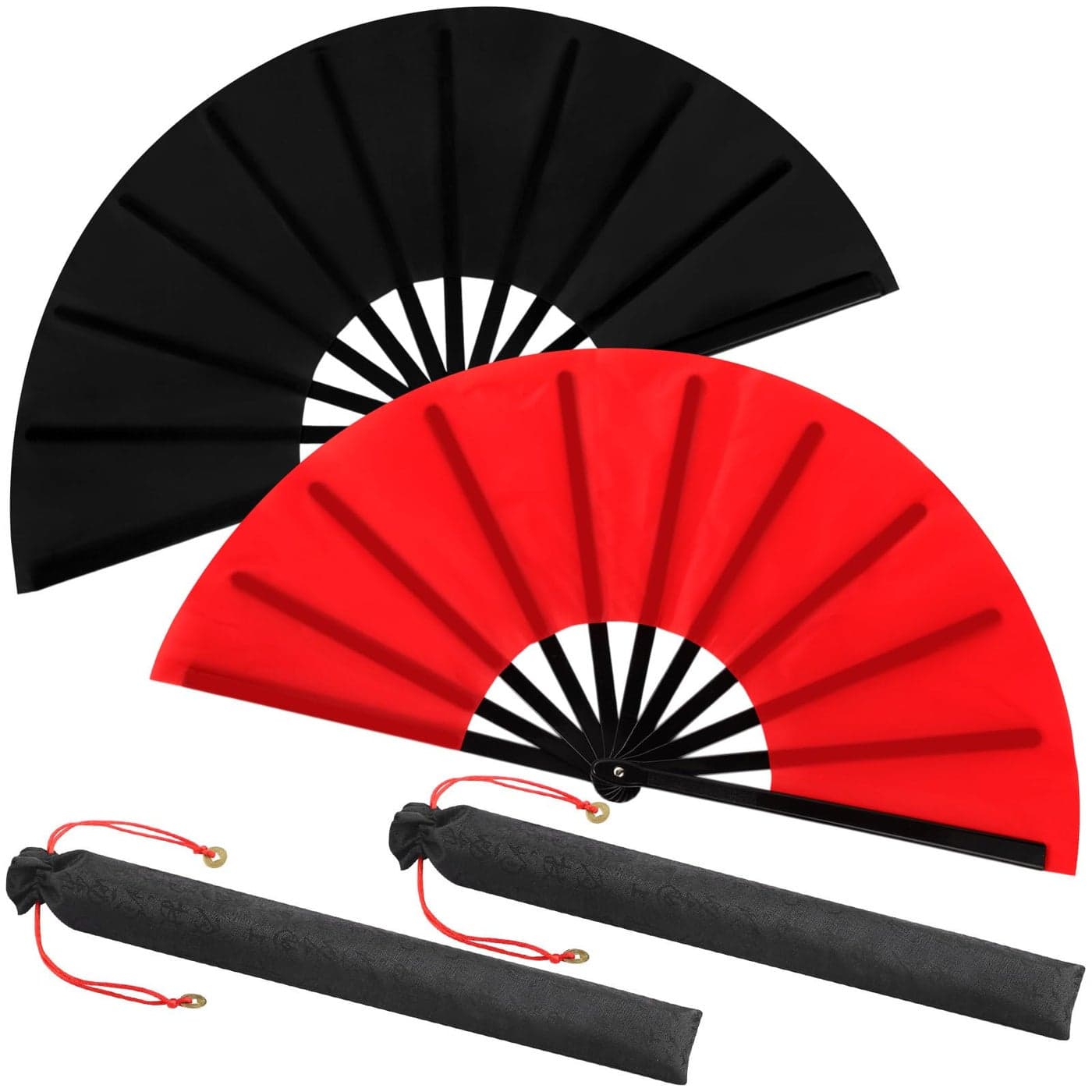 Maitys 2 Packs Large Clap Fans for Line Dancing Large Chinese Folding Hand Fans for Men and Women Festival Tai Ji Kungfu Martial Art Gifts Black and Red