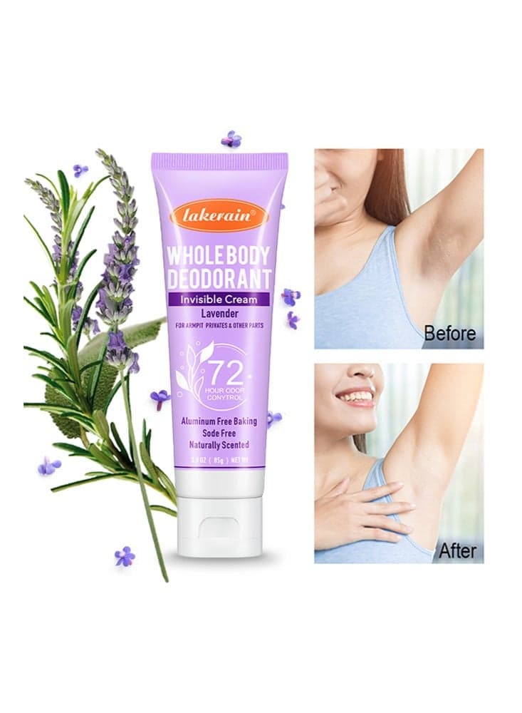 Whole Body Deodorant Invisible Cream, Tube Armpit Deodorant Cream For 72 Hour Odor Control Lavender Deodorant Antiperspirant Clear Gel Baking Soda Free Natural Skin Care Cream 85G