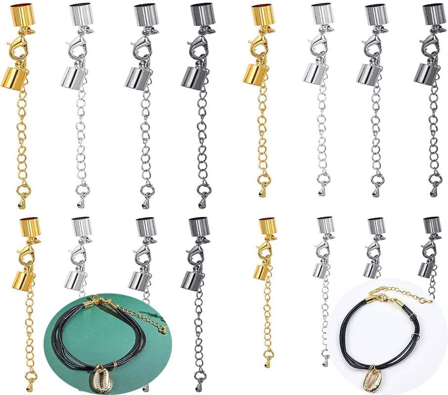 DIY Crafts Parts Pack, Chrome Gold, Cord End Clasps Connectors, Lobster Clasp, Extender Chain Adjustable Jewellery Clasps Leather Cord End Cap for Bracelet Necklace (Parts Pack, Chrome Gold)