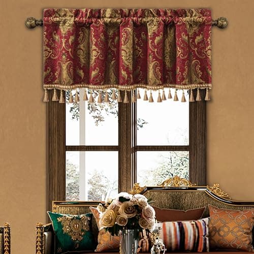 Loom and Mill Luxury Chenille Valances for Living Room Window Classic Damask Jacquard Chenille Window Treatment Valances with Tassels Rod Pocket Blackout Short Curtain 1 Panel 54 x 18 Red