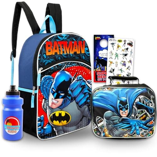 Batman Backpack with Lunch Box Set - Bundle with 16" DC Comics Backpack, Lunch Bag, Stickers, Water Bottle, More | Batman School Bag for Boys