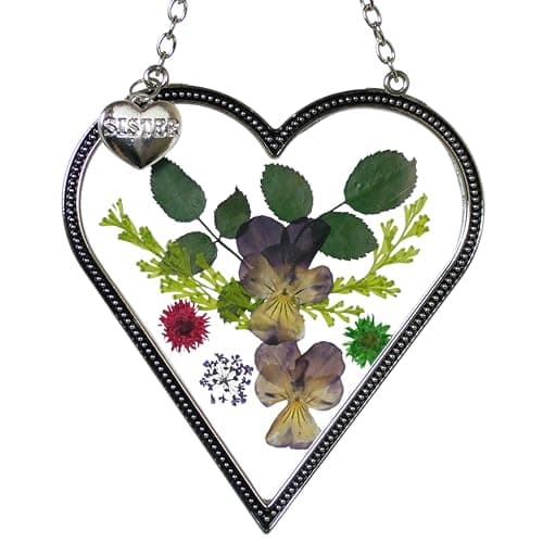 Sister Suncatcher - Heart Shaped Sun Catcher with Pressed Dried Flowers Between Glass and Sister Heart Charm - Birthday - Special Occasion - Indoor Window Décor - 6" Hanging Height