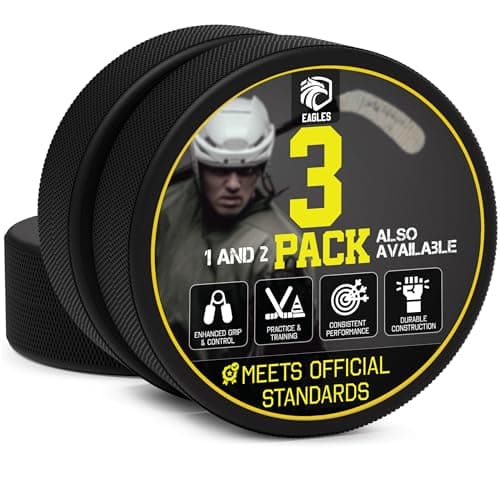 EAGLES Ice Hockey Pucks 1, 2, 3, 6 or 50 Pack | High Grade Pucks Official Regulation Weight & Size for Practice & Classic Training - 6 oz Diameter 3" Thickness 1" Black Hockey Puck Roller Hockey