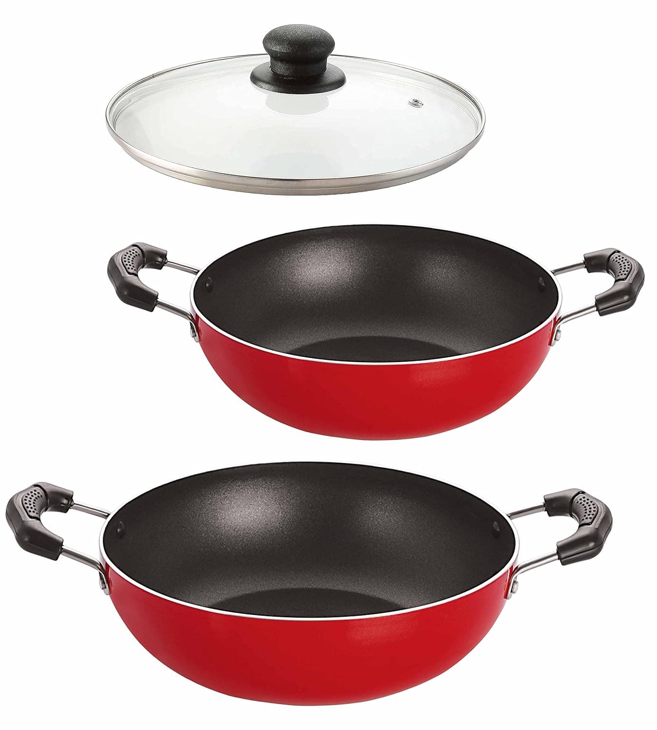 Nirlon Non Stick Aluminium Cookware Set of 3 Pieces Kitchenware Utensils Combo (Kadhai|Deep Kadhai(M)|1 Glass Lid)