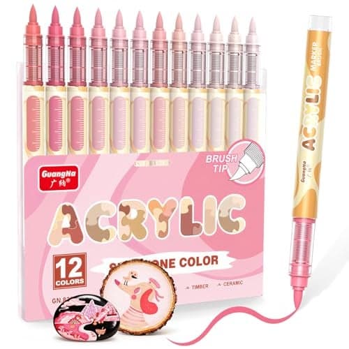Guangna 12 Skin Tone Acrylic Paint Markers Pink Brush Tip Acrylic Paint Pens for Pumpkin Paint Rock Painting Wood Glass Paper Coloring Book Ceramic Canvas DIY Crafts WaterBased Ink
