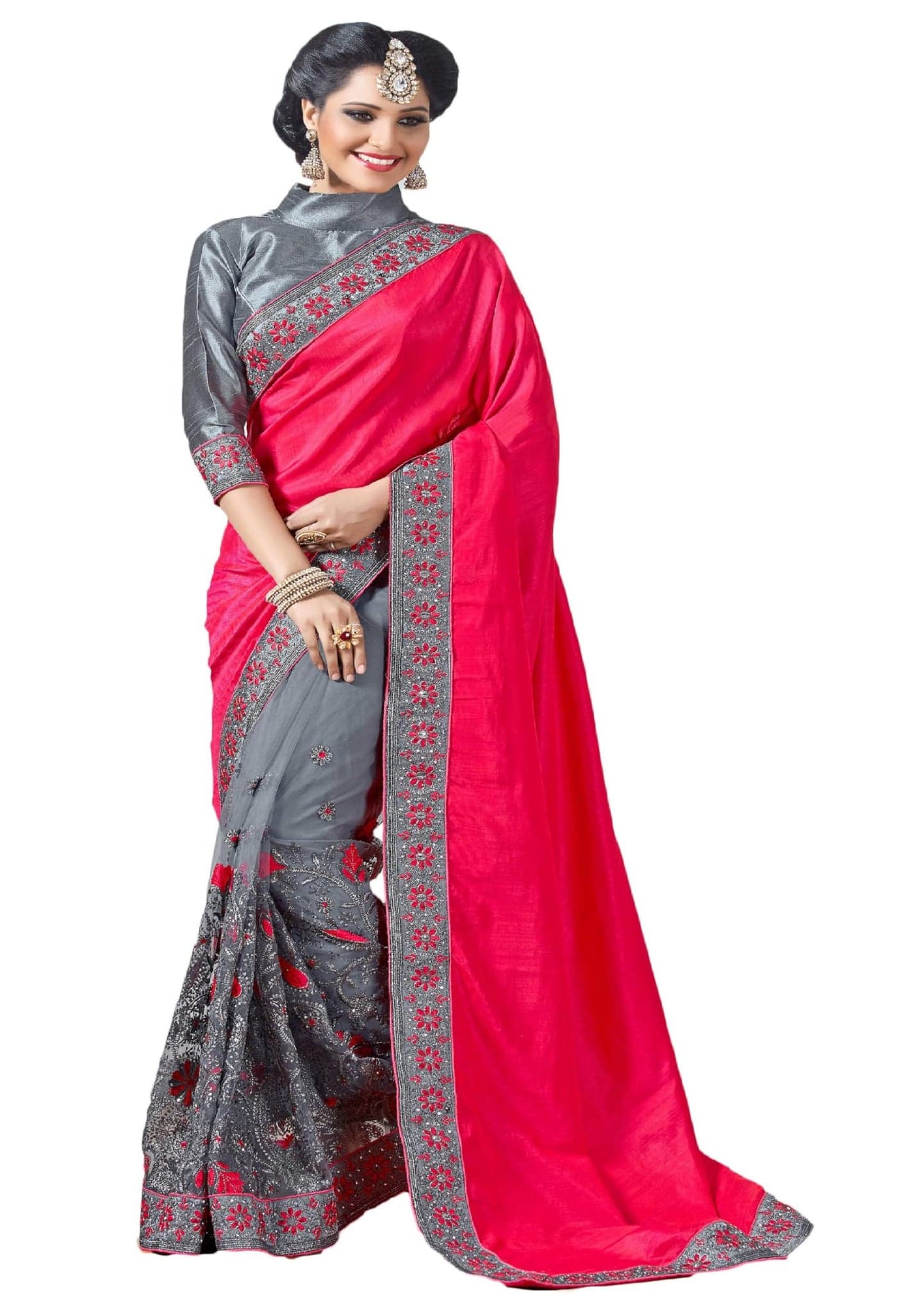 Jaffix Sarees for women - Women’s Trendy Embroidery Work in Lace Georgette Saree for Wedding Perfect for Festive and Special Occasions with Unstitched Blouse Piece (nena pink)