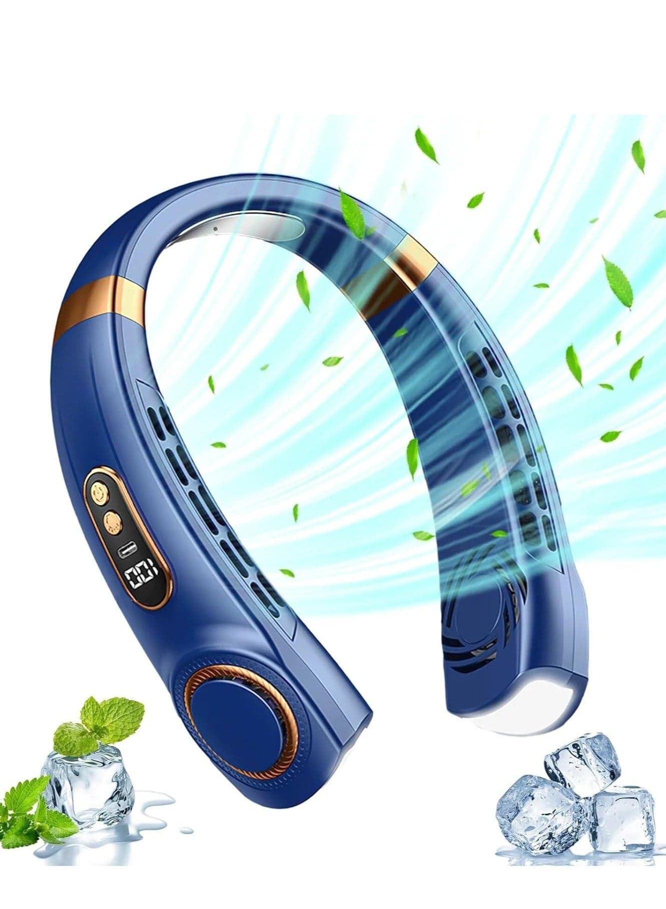 Neck Fan Air Conditioner with Cooling Plates, 5 Speeds Blow Cold Air Adjustable LED light, 4000 mAh Battery USB Rechargeable Personal Fan for Women, Portable Camping Travel, Blue