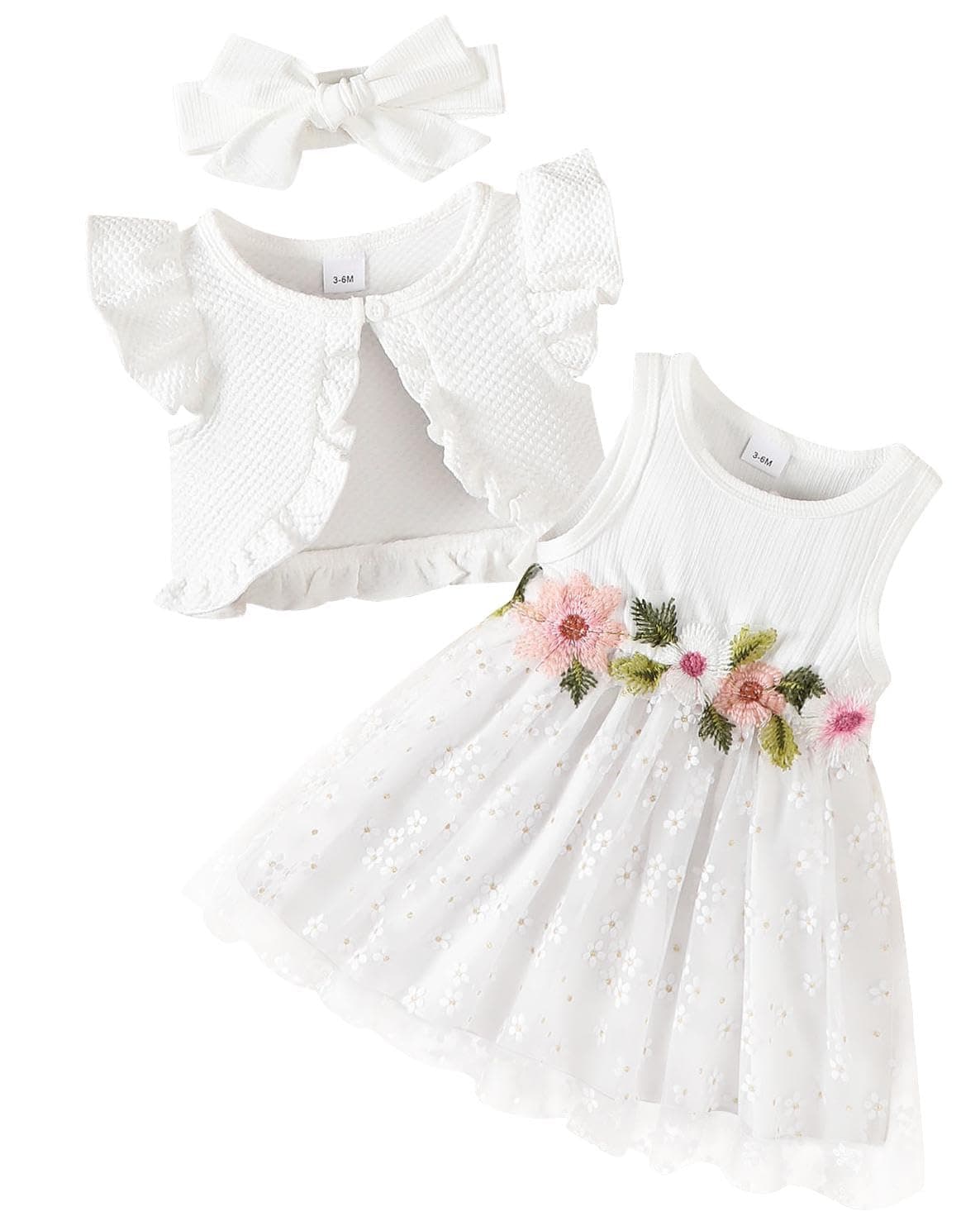 Renotemy Toddler Baby Girl Flower Dresses White Baptism Sleeveless Boho Tutu Dress with Ruffle Sleeveless Cardigan Set Birthday Party Princess Wedding Dress for Girl 12-18 Month Girls Summer Clothes