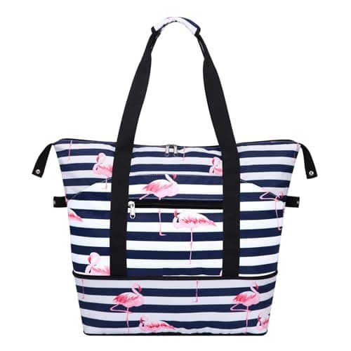 HAWEE Expandable Duffel Bag for Women with Trolley Sleeve and Wet Pocket Water Repellent Weekender Travel Tote Large Capacity Carry On Overnight Luggage Flamingo Stripe