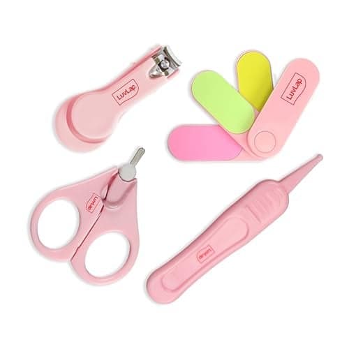 LuvLap Baby 4in1 Nail Grooming Set, Scissor, Clipper, Tweezer & Filer, Baby Grooming Kit, Baby Nail Scissor, Grooming Kit for New Born Baby, Baby Nail Cutter, New Born Grooming Kit, 4pcs, Pink, 0m+