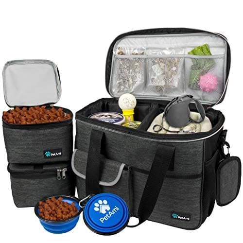 PetAmi Dog Travel Bag Travel Pet Bag Organizer Dog Food Travel Bag with Food Container and Bowls Dog Travel Supplies Gift Accessories for Weekend Camping Dog Cat Diaper Bag Charcoal Medium