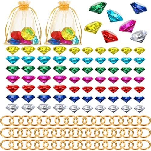 Chalyna 122 Pcs Acrylic Diamond Gems Jewels and Alloy Gold Round Ring Set Halloween Party Pirate Treasure Hunting Favor Cake Ornament Decor with Gift Bag