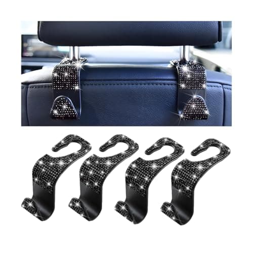 Mandark 4PCS Bling Car Seat Headrest Hooks Crystal Rhinestone Vehicle Seat Back Hanger for Grocery Purses Handbags Diamond Auto Seatback Storage Organizer Hanger Universal for Most Cars Black