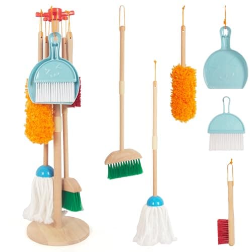 Kids Cleaning Set Housekeeping Play Set Includes Broom Mop Duster Dustpan Brushes Rag and Organizing Stand Cleaning Toys Gift for Toddlers Girls Boys Age 36 Solid Beech Wood Blue