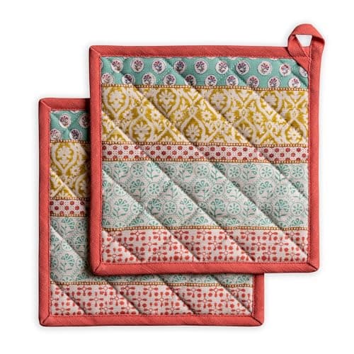 Maison d' Hermine Pot Holders 100% Cotton Heat Resistant Potholders 8" x 8" Hot Pads with Loop BBQ Cooking Baking Hotel Farmhouse Kitchen Handling Hot Pans Spring Summer (Pack of 2, Provence)
