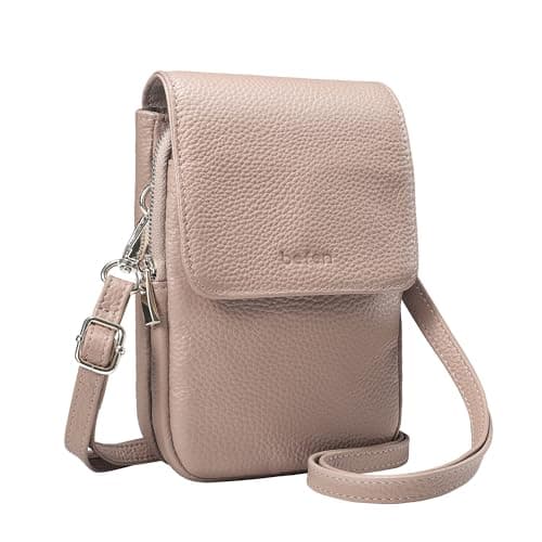 befen Genuine Leather Small Crossbody Bags for Women, Triple Compartment Cell Phone Crossbody Wallet Purses with Adjustable Shoulder Strap Nude Pink