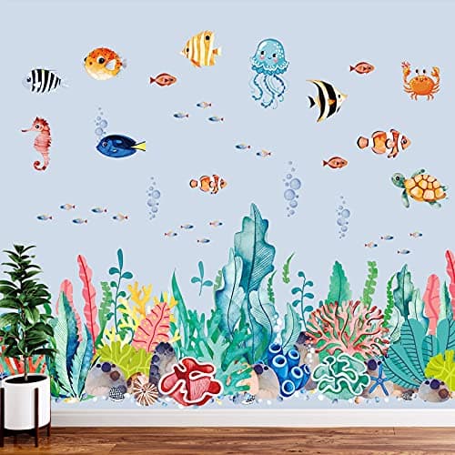 2 Sheets Ocean Wall Decals Large Under The Sea Wall Decals Ocean Creature Sea Life Stickers Removable Seaweed Turtle Jellyfish Fish Grass Decor for Kids Baby Nursery Bedroom Living Room