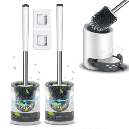 Clyton Pack 2 Silicone Toilet Brush with Holder Stand, Toilet Cleaning Brush with Self Adhesive Wall Mounted Ventilated Drying Stand, Commode Brush, Bathroom Cleaning Brush, Toilet Bowl Cleaner Brush