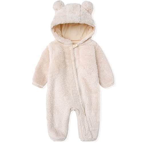 Toddler Baby Girls Boys Soft Fleece Lined Onesie Comfy Cute Bear Shape Sets Outwear Warm Long Zipper Closure Romper for 9-12 Month Beige