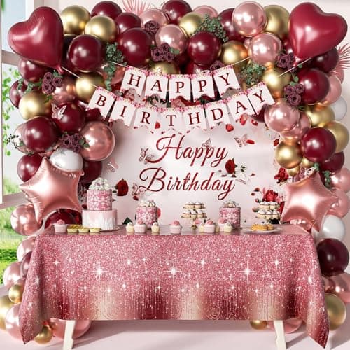 Burgundy Birthday Decorations Burgundy Rose Gold White Balloons Happy Birthday Banner Tablecloth Backdrop for Happy Birthday Decorations for Women Adults