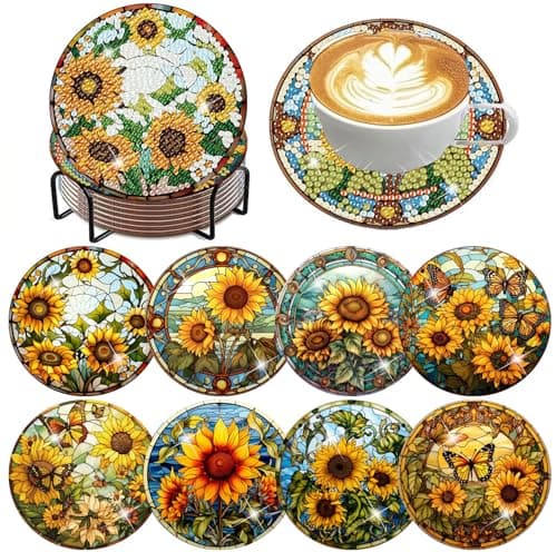 ijbnhd 8 Pcs Sunflower Diamond Art Coasters Kit Sunflower Diamond Painting Coasters with Holder Arts and Crafts Supplies Astral 4X4inch Cork Wooden Pad