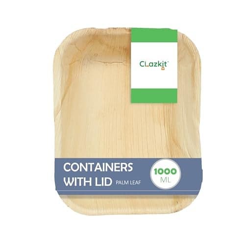 Clazkit Areca Palm Leaves Containers with Lid | Disposable Eco-Friendly Containers for Serving Snacks and Meals | Durable and Sturdy Containers used for Kitchen (1000ml, Pack of 10)