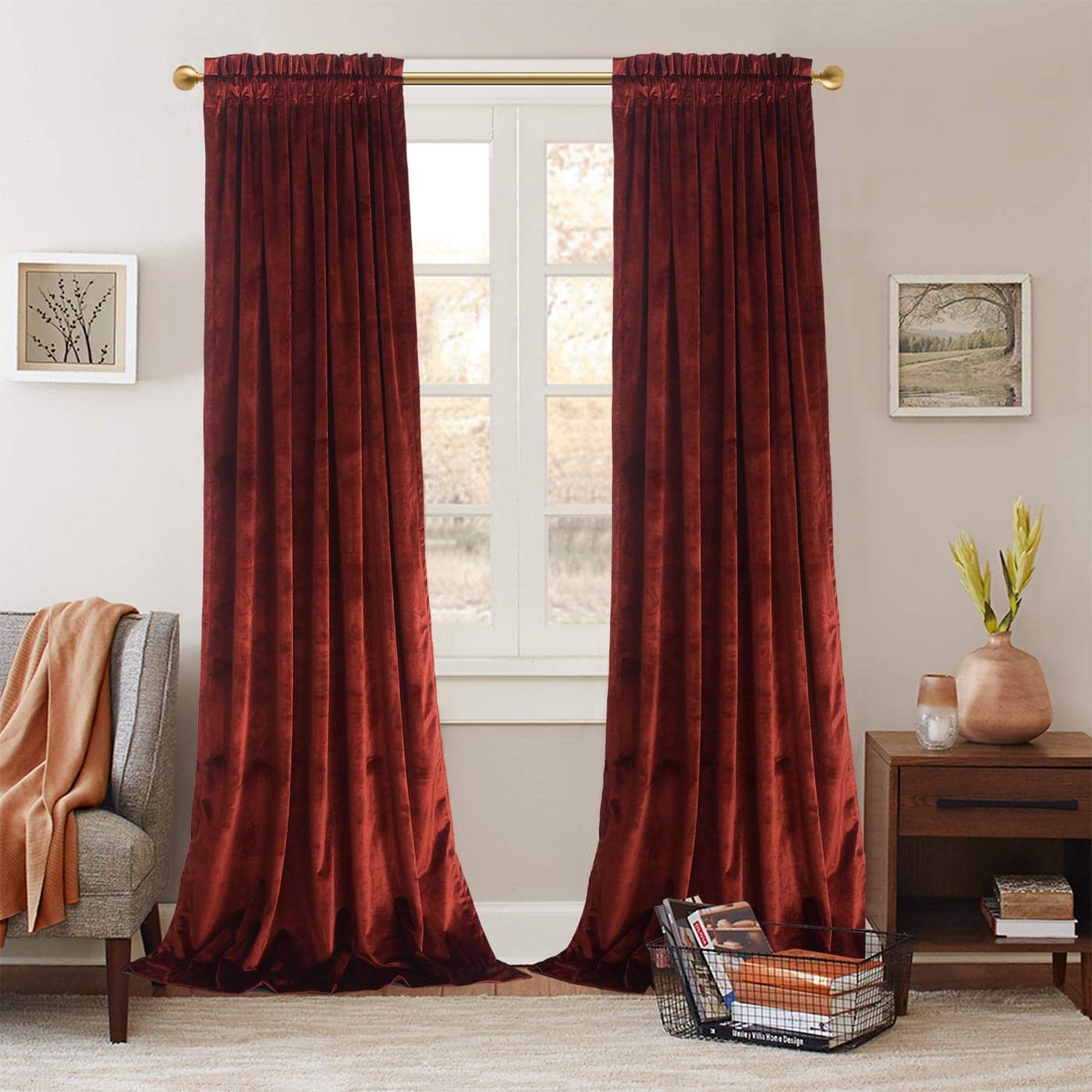 Roslynwood Velvet Luxurious Rust Red Elegant Curtains Rod Pocket Curtain Panels Light Reducing Privacy Panels Drapes for BedroomKids Room W52 by L96