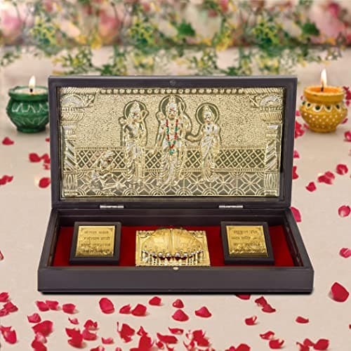 INTERNATIONAL GIFT® Golden Ram Darbar God Idol with Charan Paduka | Devotional Prayer Box (13h X 21w X 11.5l Centimeters)