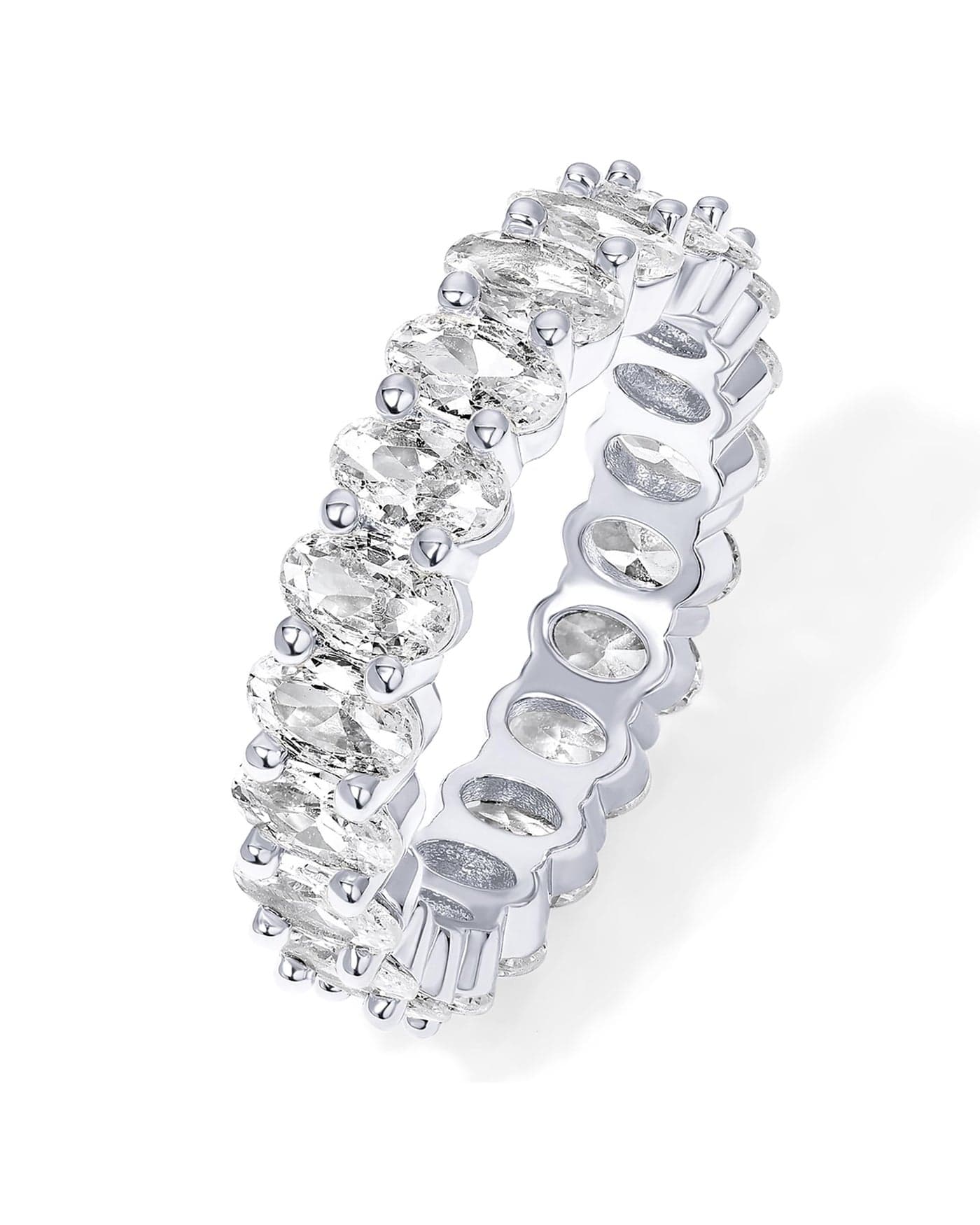 PAVOI Rhodium Plated Oval Cubic Zirconia Stone Love Ring - 5mm Thick Stackable Bands for Women - Statement Jewelry Gold Eternity Rings for Women, Size 7