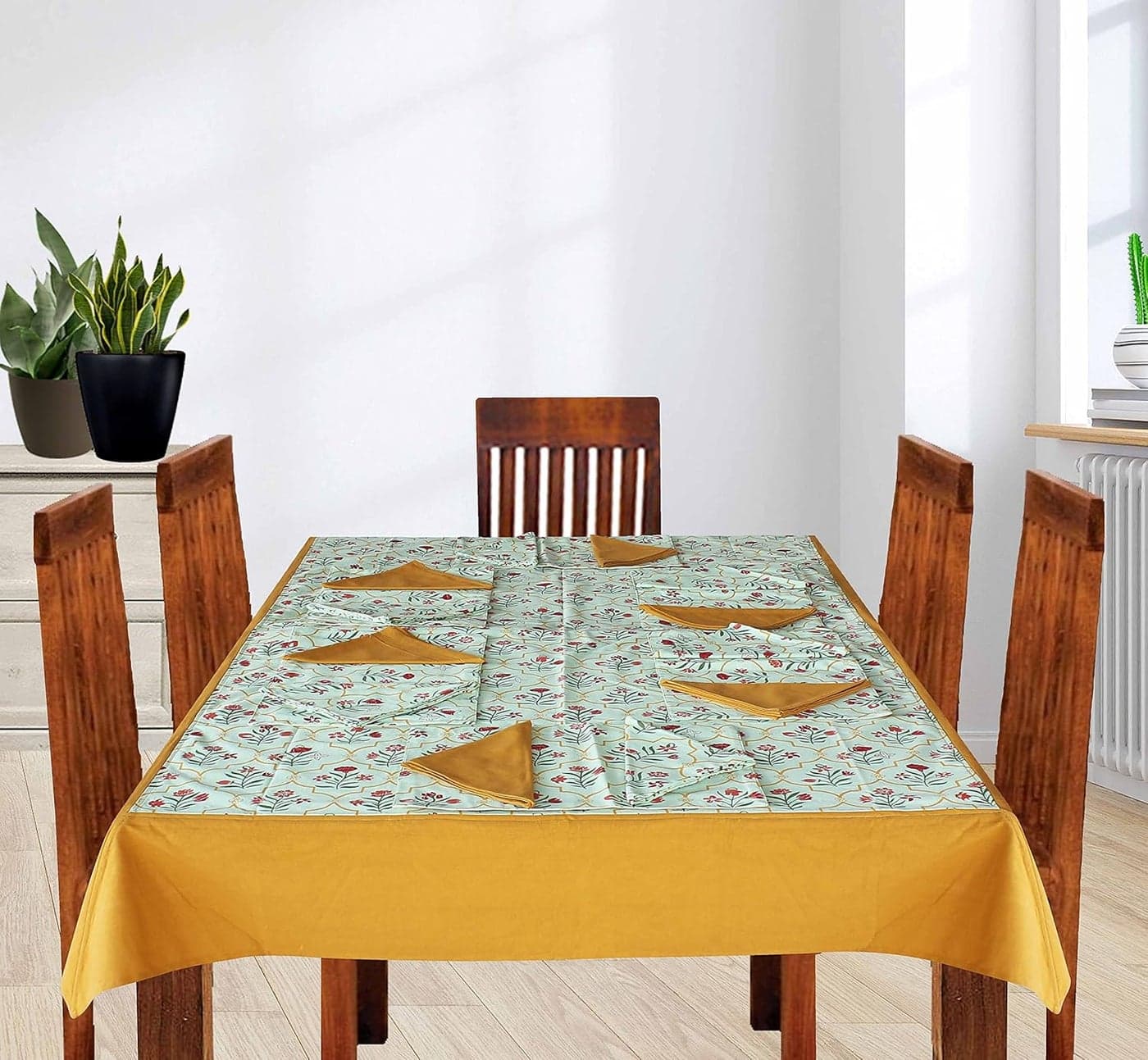 Dekor World Cotton Mint Green Yellow Amaryllis Printed Collection Square Table Cover with 4 Place Mat & 8 Napkin (Pack of 13 Piece) 150x150 cm / 60x60 Inches for 4 Seater Dining Table