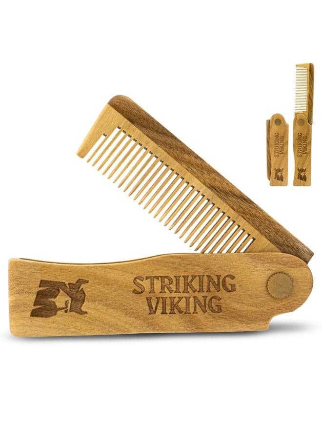 Folding Wooden Comb for Men - Sandalwood Switchblade Beard Comb for Grooming and Styling - Use Dry or With Oils & Balms