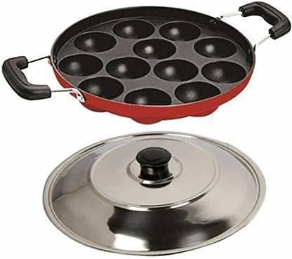 DARAZ Appam PanAppam Maker litti Makerunniyappam chatti Non Stick unniyappam chatti Pancake Pan Paniarakkal with Lid 1 L Capacity 22 cm Diameter Red