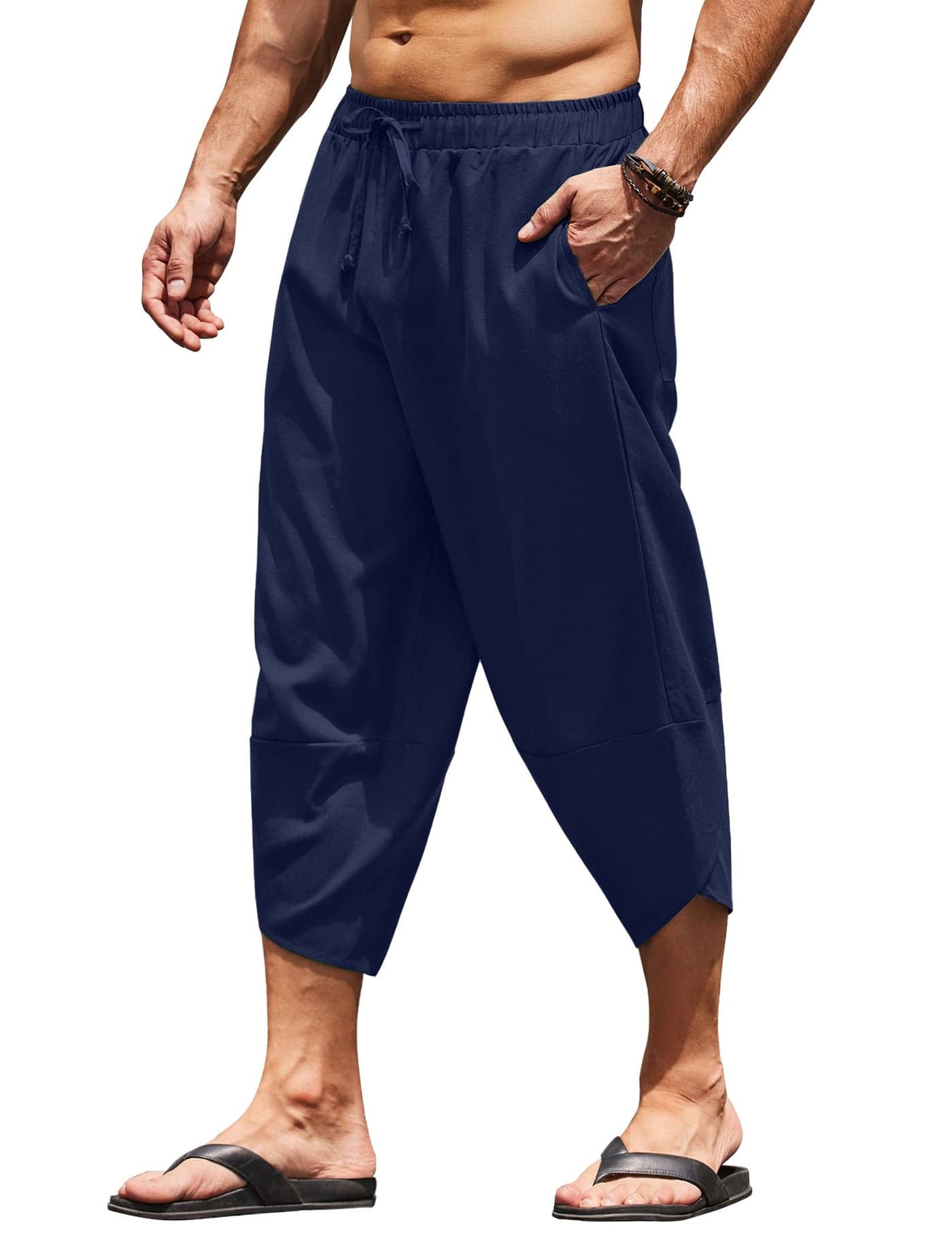 COOFANDY Mens Linen Pants Loose Fit Elastic Waist Drawstring Casual Summer Beach Harem Capri Pants Blue Hippie Pants