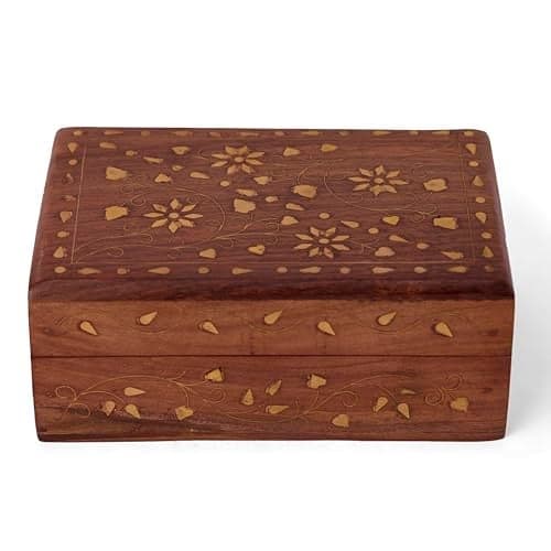 GURU JEE Wooden Hand Carved Decorative Vintage Trinket Jewellery Box Brass Inlay Floral Design