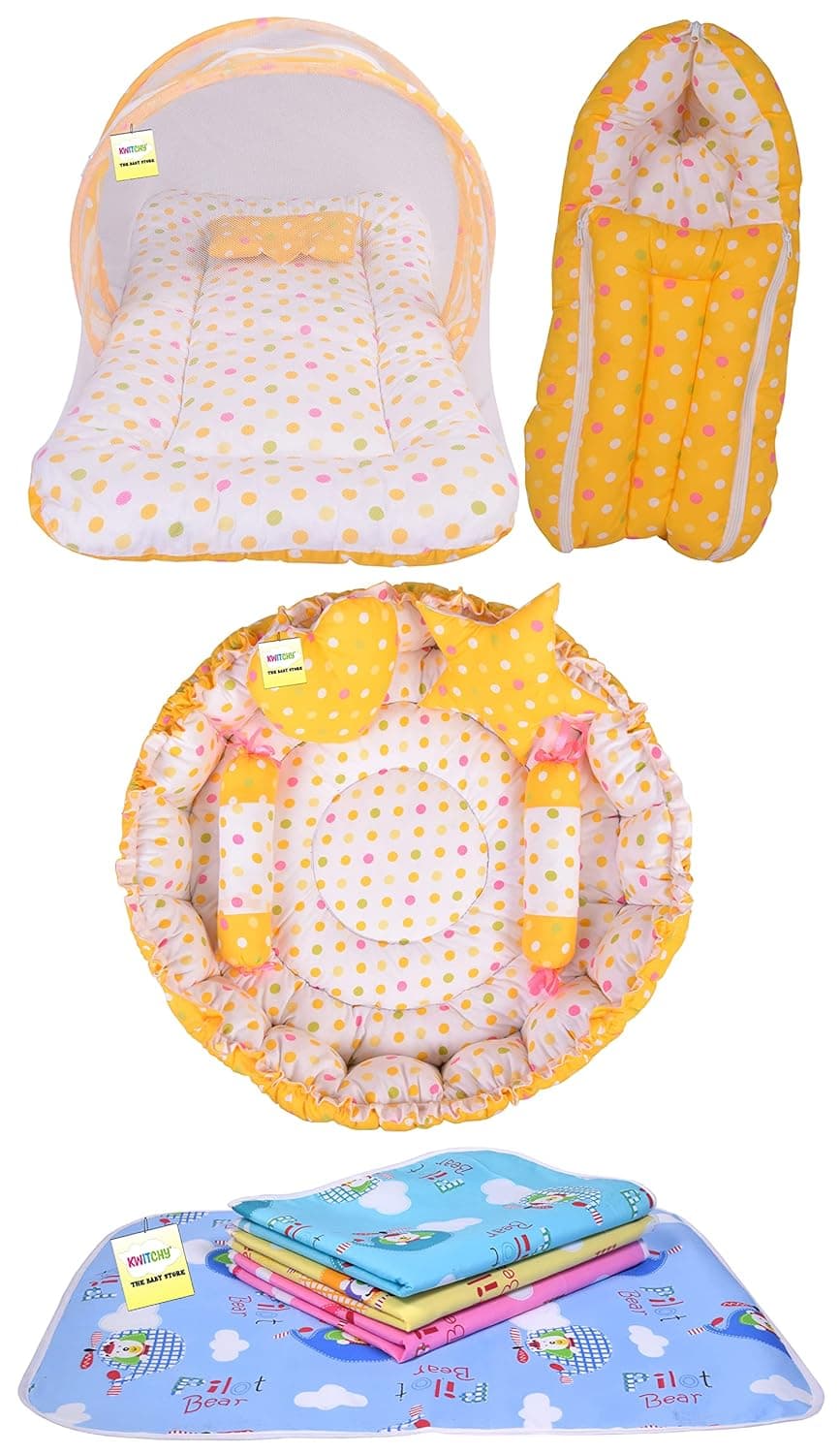 Kwitchy Baby Bed New Born Baby Bedding Set Sleeping Bag Mattress Carry Bags Nest Bed Nappy Changing Sheets Net Bed Combo Set Gift Pack Essentials 06 Months Yellow