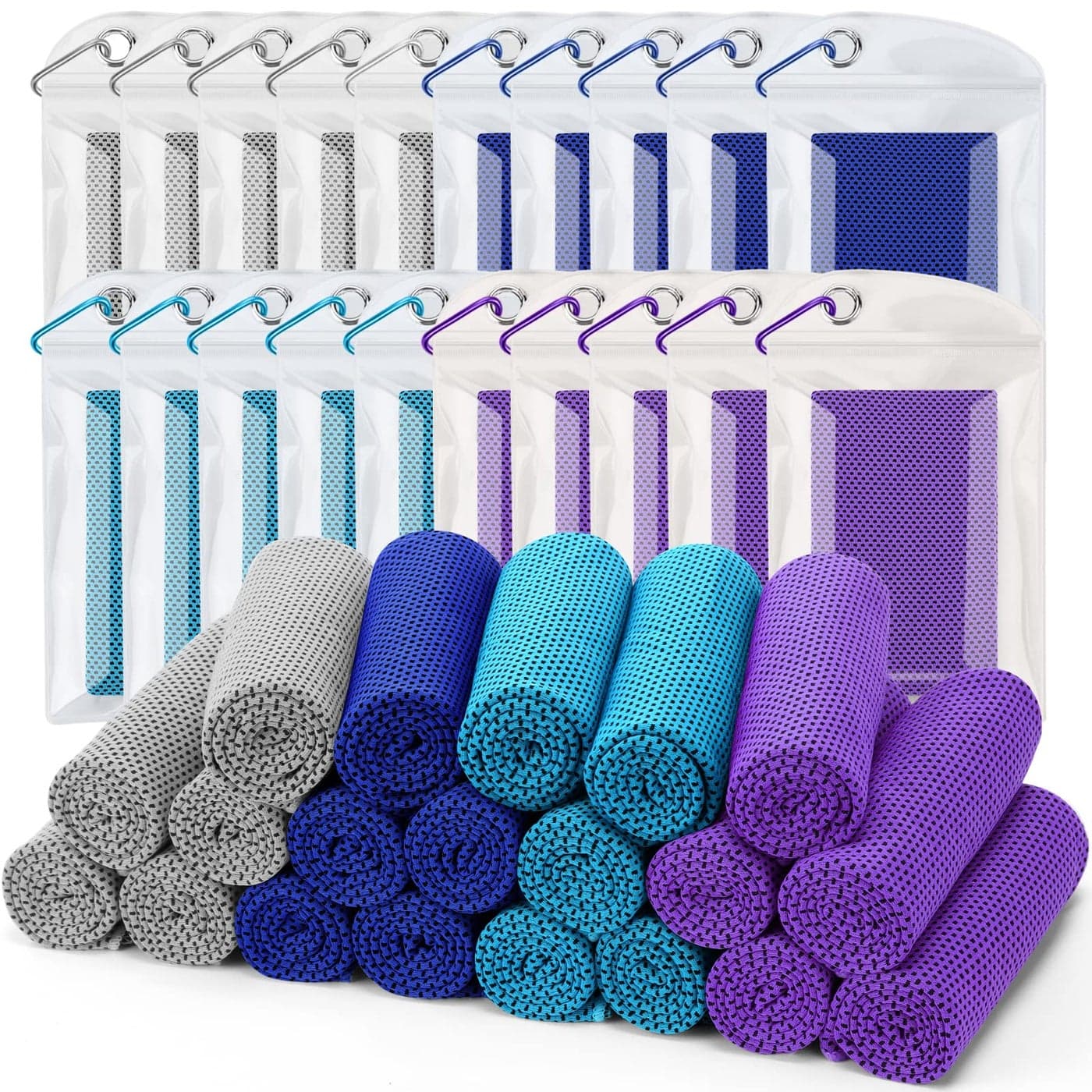Biange Cooling Towel Pack of 20 40x12 with Pouches for Sports Workout Fitness Gym Yoga Golf Pilates Travel Camping More