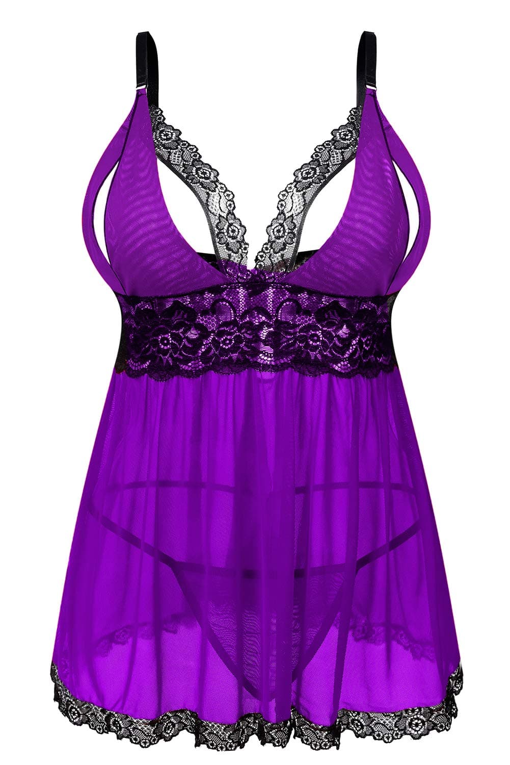 Donnalla Women Plus Size Lingerie Set Sexy Lace Babydoll Lingerie Dress Chemise Sleepwear with Thong Purple