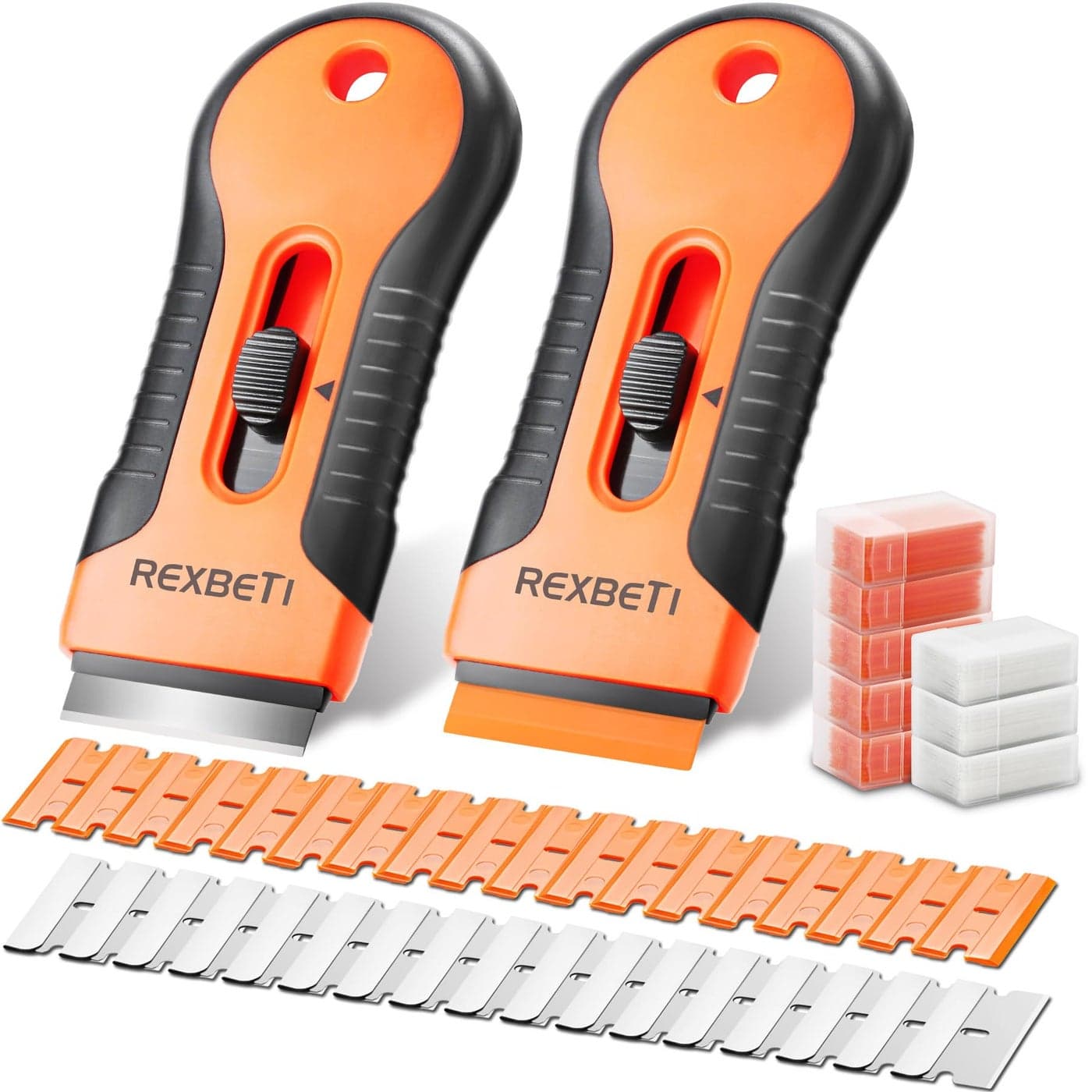 REXBETI Razor Blade Scraper Tool, 3 Pack Razor Scraper Set with Extra 30Pcs Metal and 20Pcs Plastic Blades, Cleaning Scraper Tool for Scraping Label, Paint, Stickers, Grease from Windows and Glass