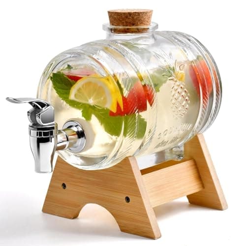 VILON Barrel Shaped Glass Iced Drink Dispenser with Tap | Bamboo Lid & Steel Spout | Cold Beverage Jar for Beer, Water, Juice, Cocktails | Clear Glass Dispenser – 3 litres Capacity (3000 ML)