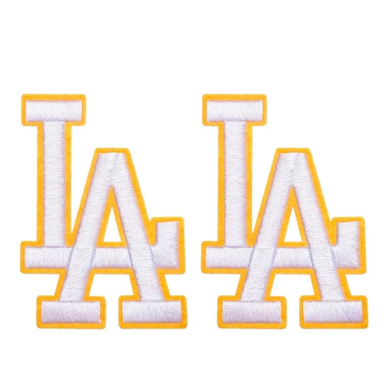 Iron on Patches Sports Teams Letter Pack of 2 Decorative for Clothing Accessories Ideal for Shirts Jackets Hats Jeans Shoes Bags Durable Easy Apply LA Gold 25 x 35