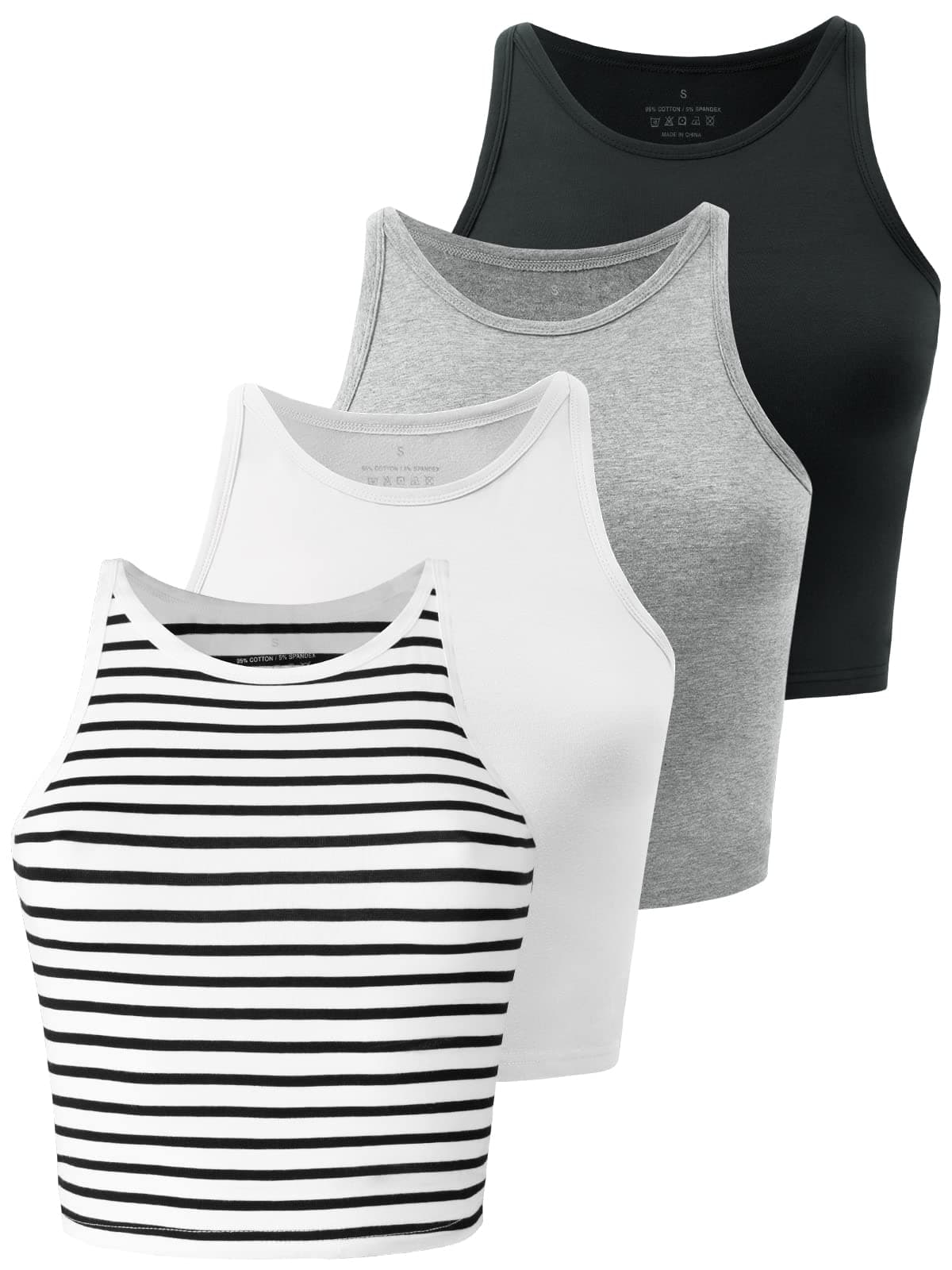 Kole Meego High Neck Crop Tops 4-Pack - Women's Workout Yoga Athletic Tanks (Black/White/Grey/Striped, S)