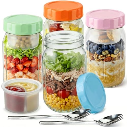 Salad Jars with Lids Meal Prep Containers Glass - 32oz Leakproof Mason Jars Salad Containers with Dressing Cup for Lunch Bentgo, Full Meal Salads Lunch Containers with Spoon Forks for Adults