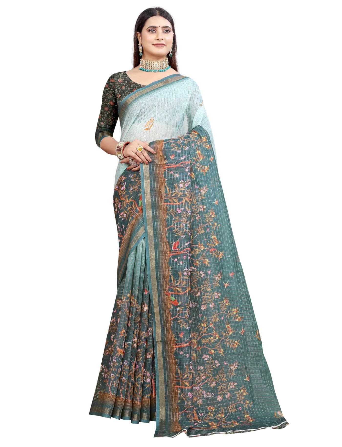C J Enterprise Women’s Pure Soft Cotton Saree Linen For Kalamkari Silk Sarees Latest Party Design Wear Wedding Sadi With Blouse Piece Sari South Mul Print 2025 New (Linen Cotton) (Sky Blue Multi)