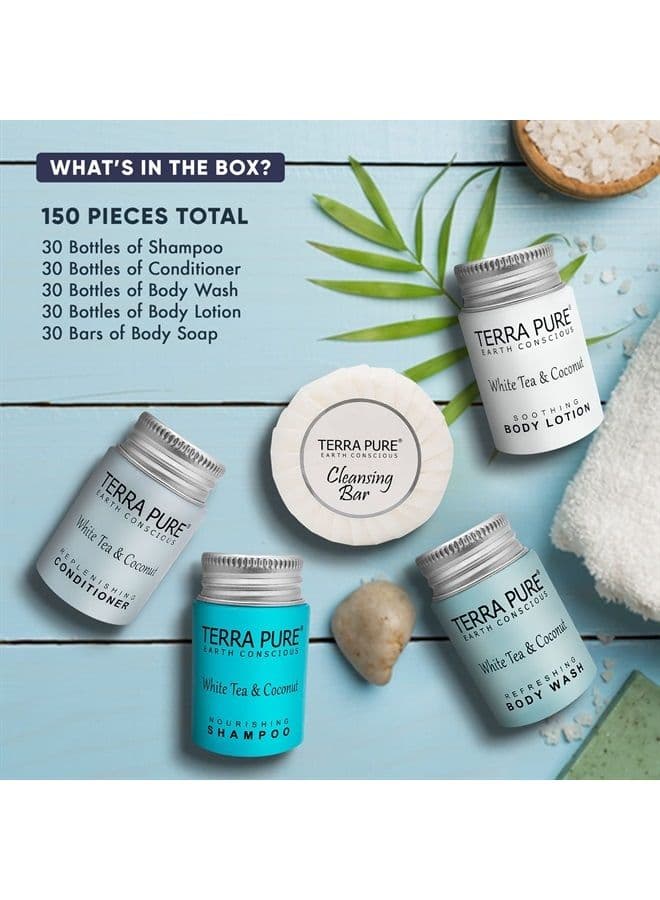 White Tea and Coconut Hotel Soaps and Toiletries Bulk Set | 1-Shoppe All-In-Kit for Hotels | 1oz Shampoo & Conditioner, Body Wash, Lotion & 1.25oz Bar Soap | Travel Size Toiletries 75 Piece