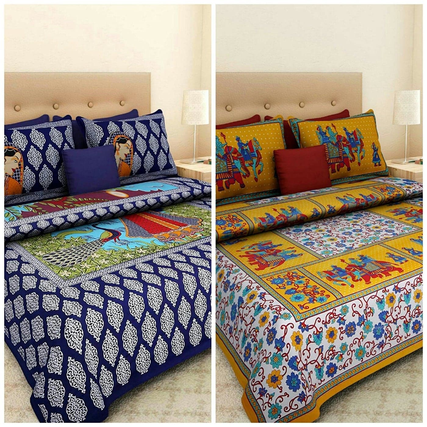 UNIBLISS Floral 144 TC Cotton Rajasthani Jaipuri Sanganeri Set of 2 Double Size Bedsheets with 4 Pillow Covers Multi38
