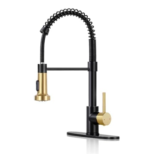 DJS Kitchen Faucets with Pull Down Sprayer Matte Black & Brushed Gold High Arc Single Handle 1 or 3 Holes Spring Kitchen Sink Faucet with Deck Plate for Farmhouse RV Vessel Basin
