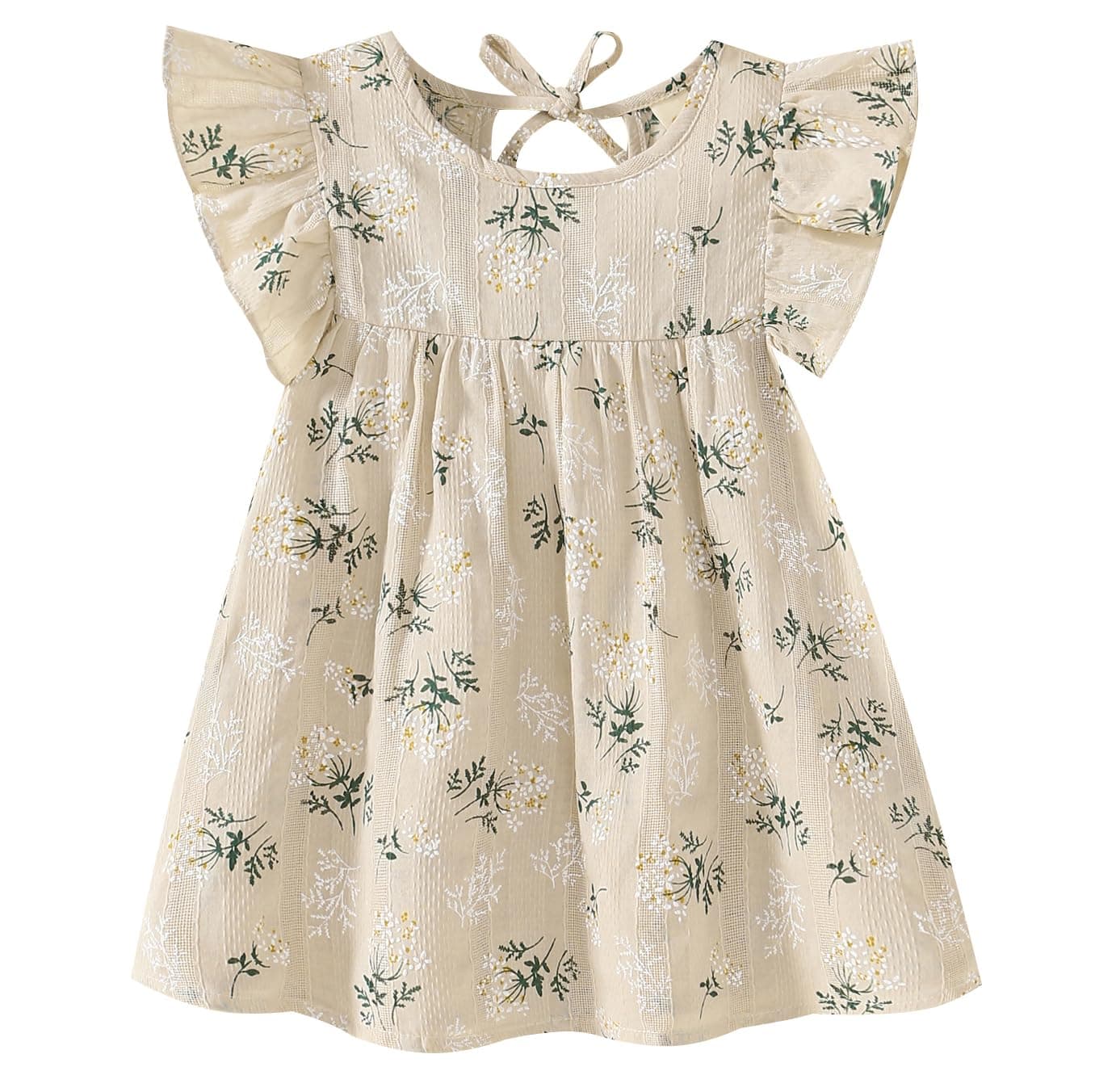 Goodplayer Toddler Baby Girl Dress Summer Cotton Linen Ruffle Halter Sleeveless Kids Casual Beach Party Dresses (Khaki Floral Dress,12-24 Months)